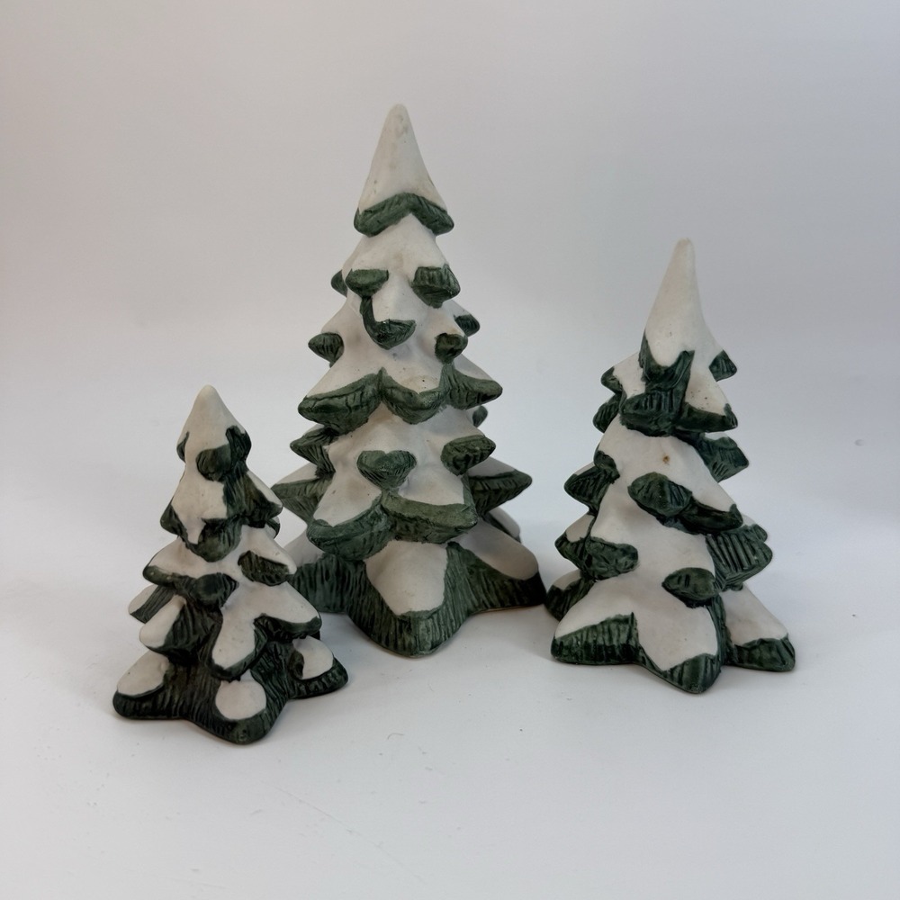 Christmas Village Towne Ceramic Winter Trees 3 Figurines Snow Small medium large